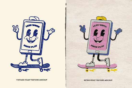 Animated character on skateboard mockups with vintage and retro print textures, perfect for designers looking for playful graphics.